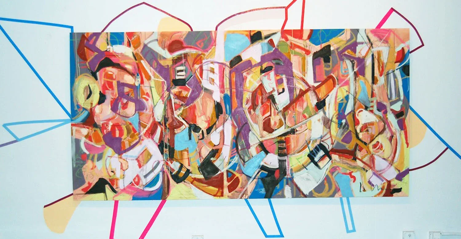 A multi-paneled abstract collage with layered geometric shapes, vibrant colors, and dimensional paper elements.