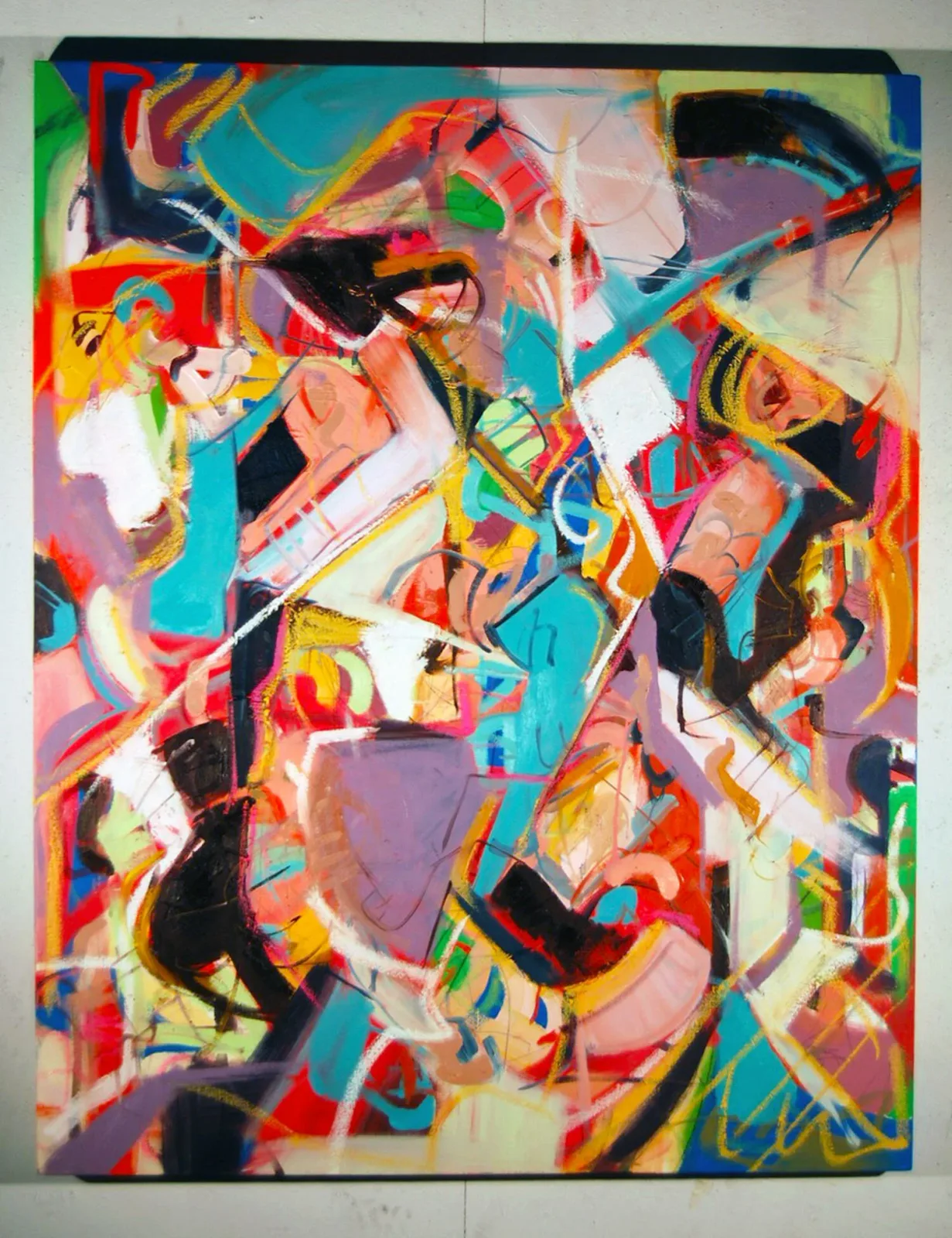 Vibrant abstract acrylic painting with layered geometric shapes in red, turquoise, yellow, and black.