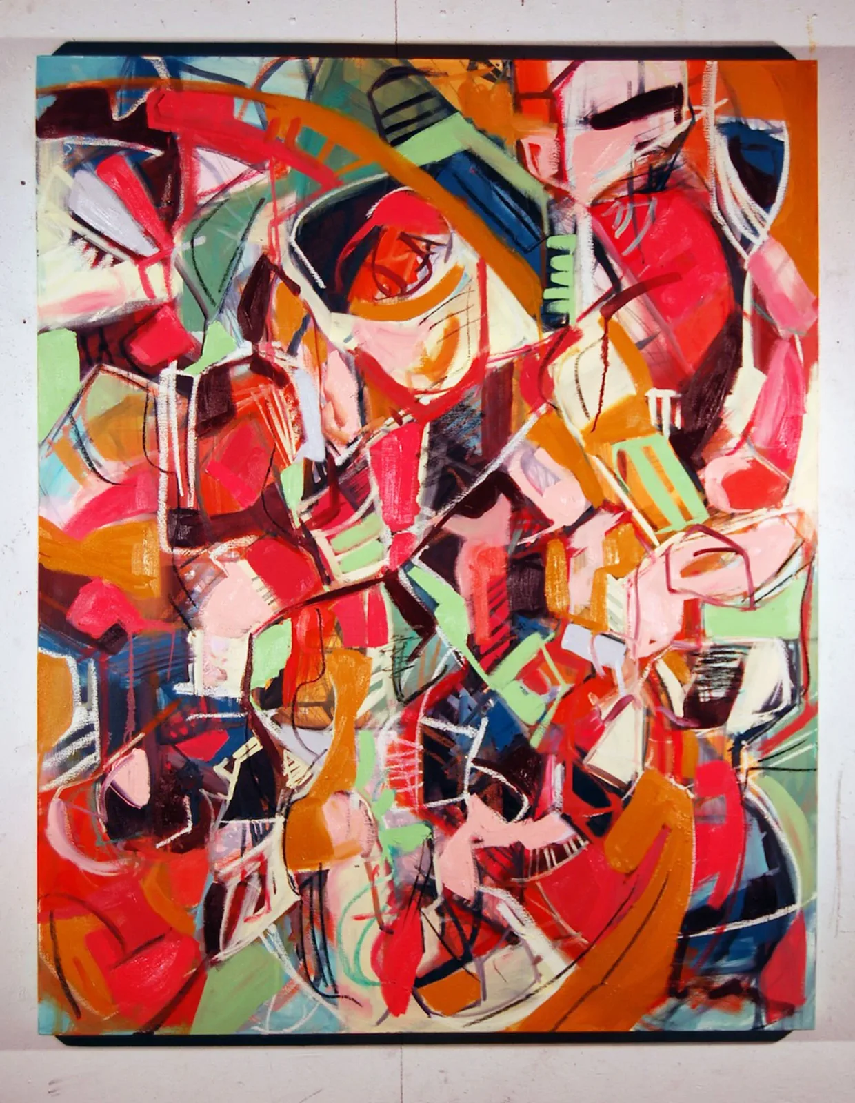 Abstract acrylic painting with layered gestural marks in bold reds, oranges, greens, and blues.