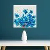 Blue botanical composition with abstract floral forms rendered in acrylic or watercolor.