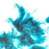 Abstract turquoise and blue ink composition with fluid, organic spreading forms on white ground.