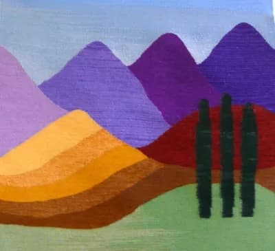 Rolling purple and gold hills with cypress trees rendered in simplified, vibrantly colored acrylic paint.