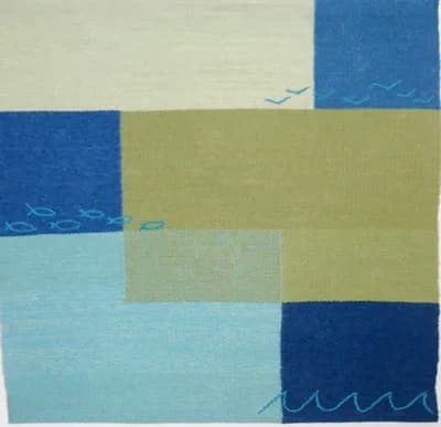 Abstract composition with geometric blocks in blue, ochre, and cream acrylic paint.