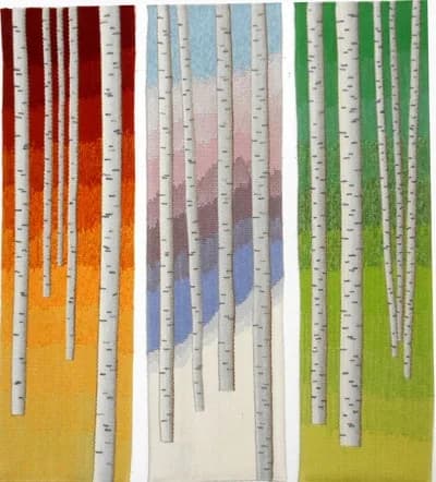 Stylized birch trees rendered in acrylic with color gradations from warm to cool tones across three vertical panels.