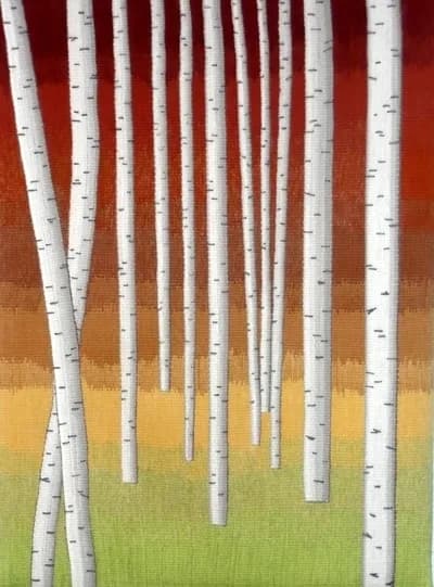 White birch trunks in a forest landscape with a warm-to-cool gradient background, painted in acrylic.