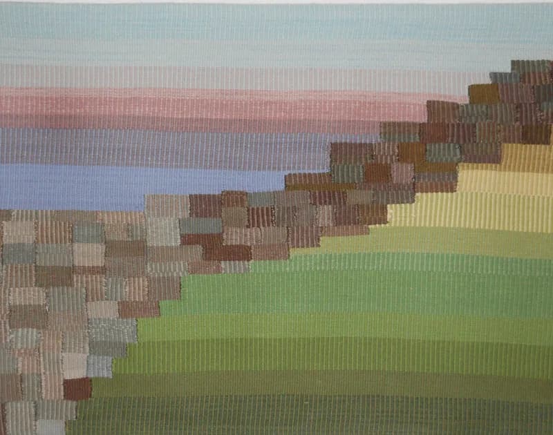 Pixelated digital landscape with horizontal color bands and stepped terrain forms.