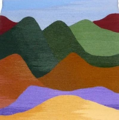 Abstract landscape with layered rolling hills in vibrant acrylic colors, rendered in flowing organic forms.