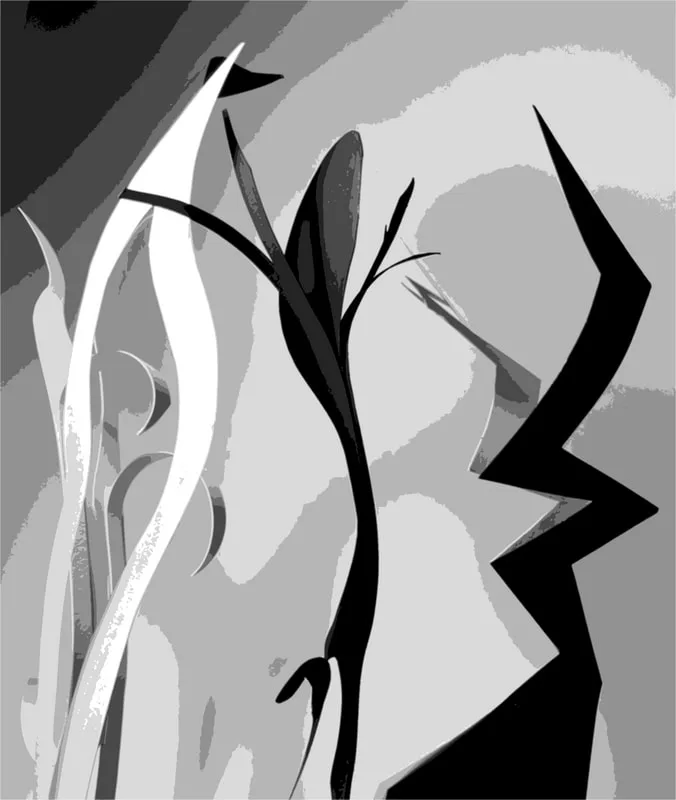 Stylized floral forms rendered in black ink and grayscale against layered backgrounds.