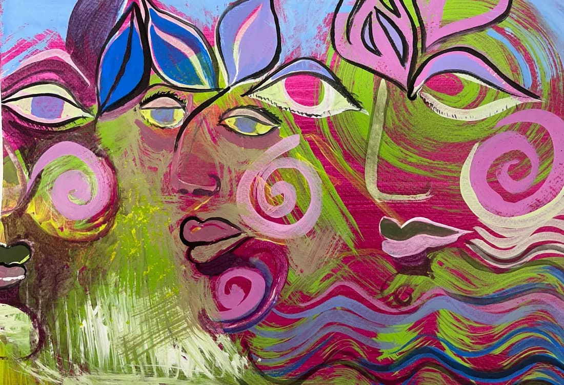 Three stylized abstract faces in vivid pink, green, and blue acrylic with expressive linework.