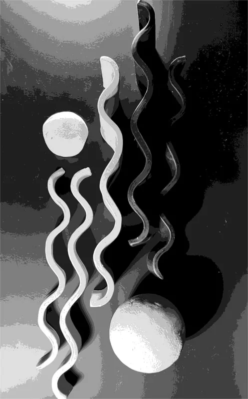 Monochromatic ink drawing of wavy forms and spheres in non-representational composition.