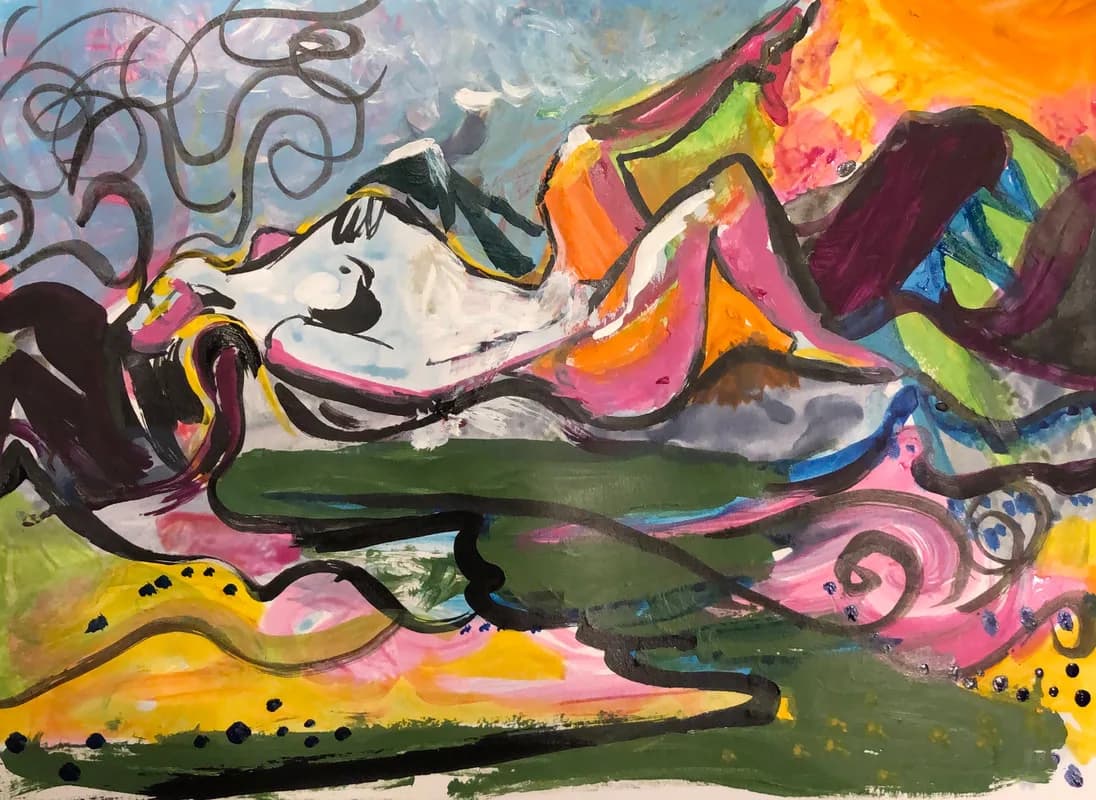 Abstract painting with bold gestural marks, vibrant colors, and black ink lines on acrylic.