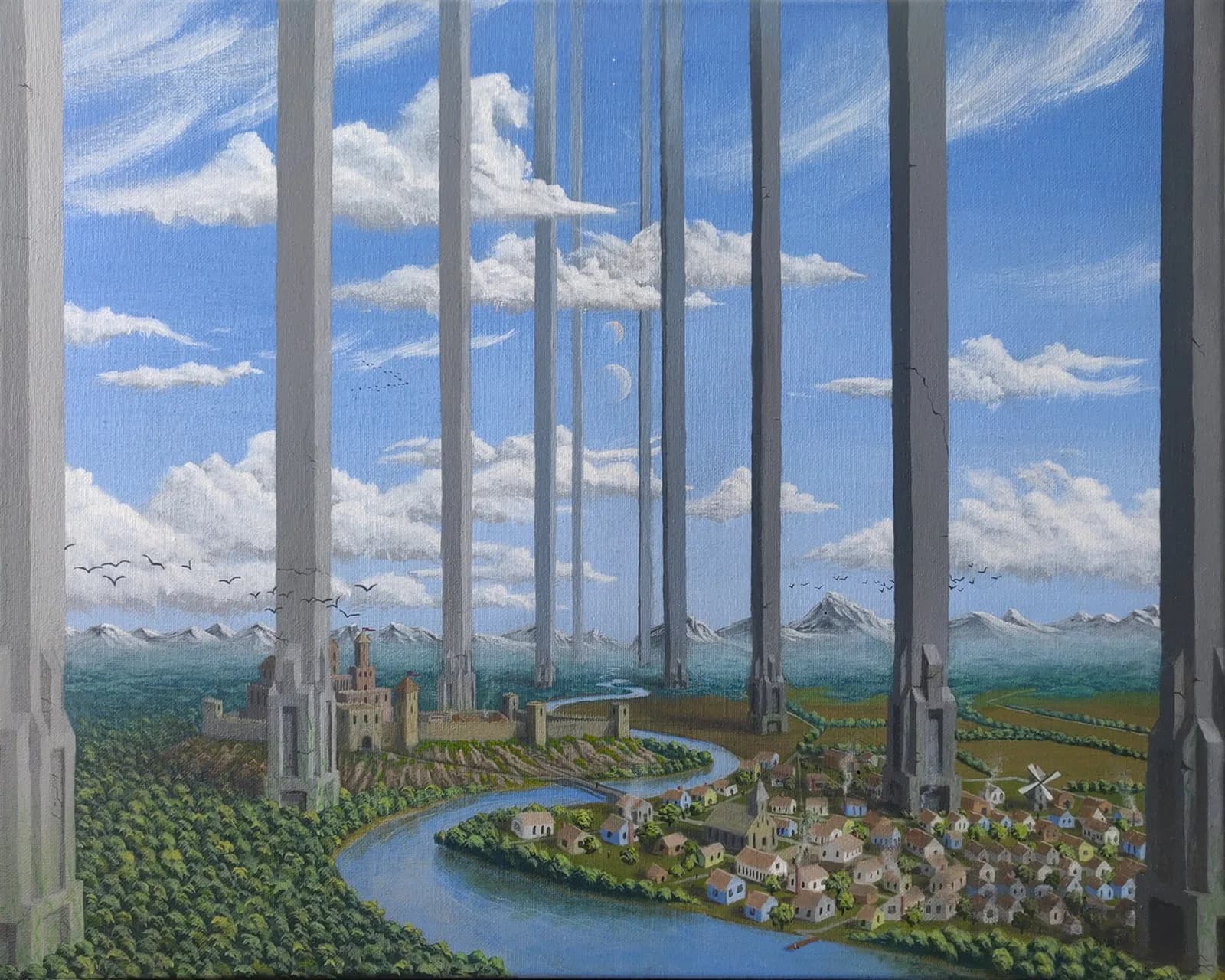 Surreal landscape painting depicting a castle and village glimpsed through monumental pillars framing a mountain vista.