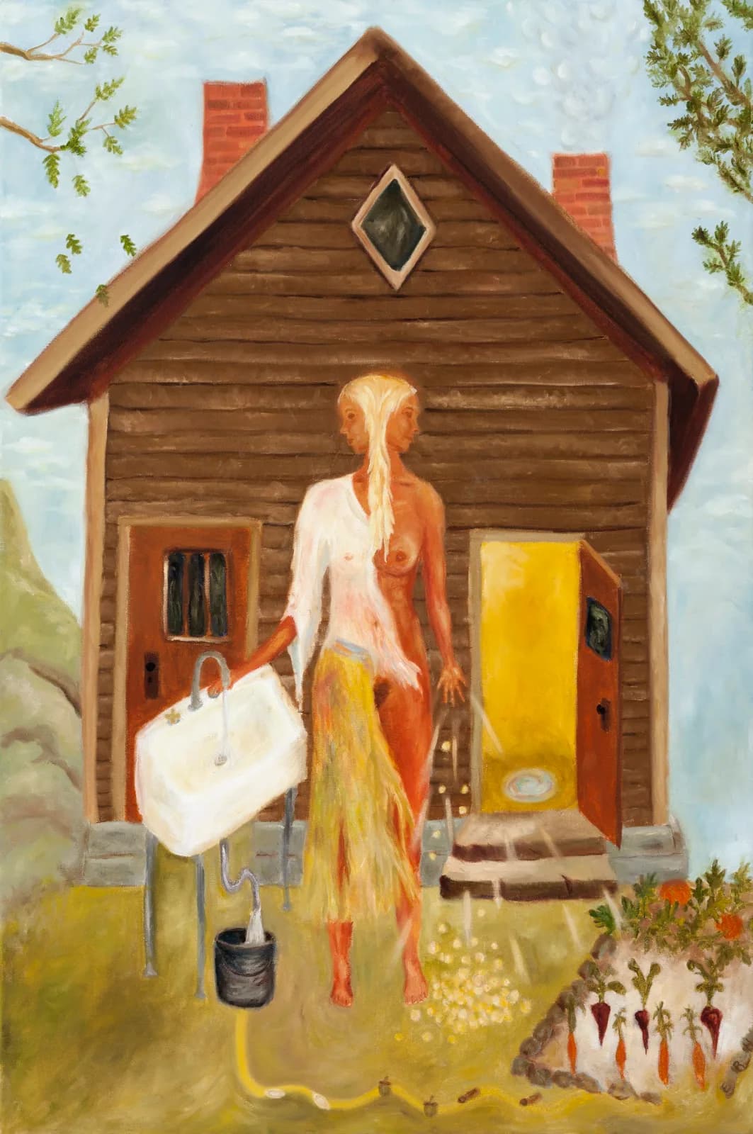 A translucent female figure holds a bathtub outside a wooden house in oil paint, merging domestic and surreal imagery.