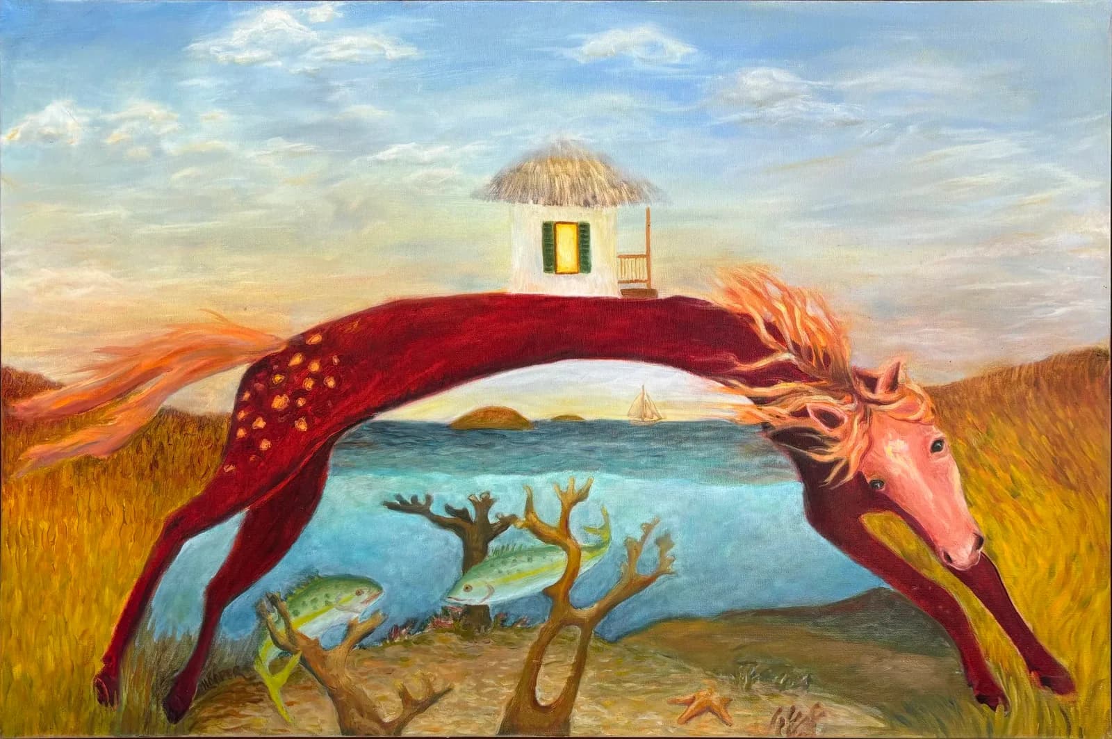 Surreal oil painting featuring a red horse arching over a coastal landscape with a white cottage and fish-filled waters.