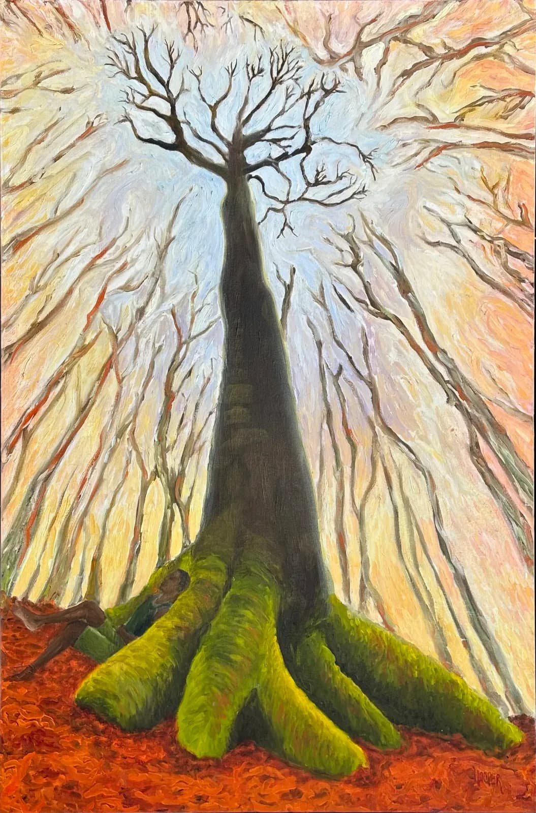 A gnarled tree with exposed roots rises from red earth beneath a warm sky, rendered in acrylic paint.