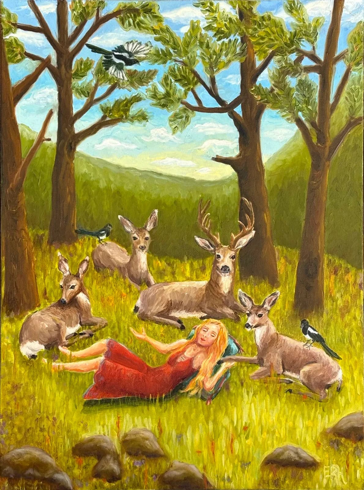 A woman in a red dress rests among a family of deer in a sunlit forest clearing.