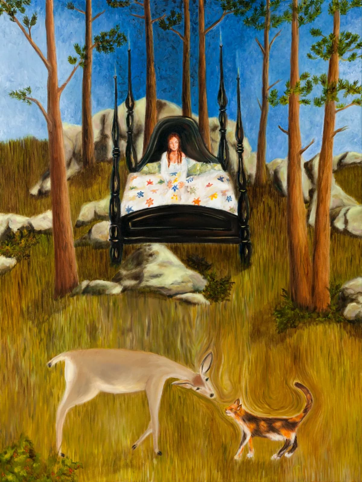 A woman in a surreal forest landscape tends a large carriage while a deer and cat graze below.