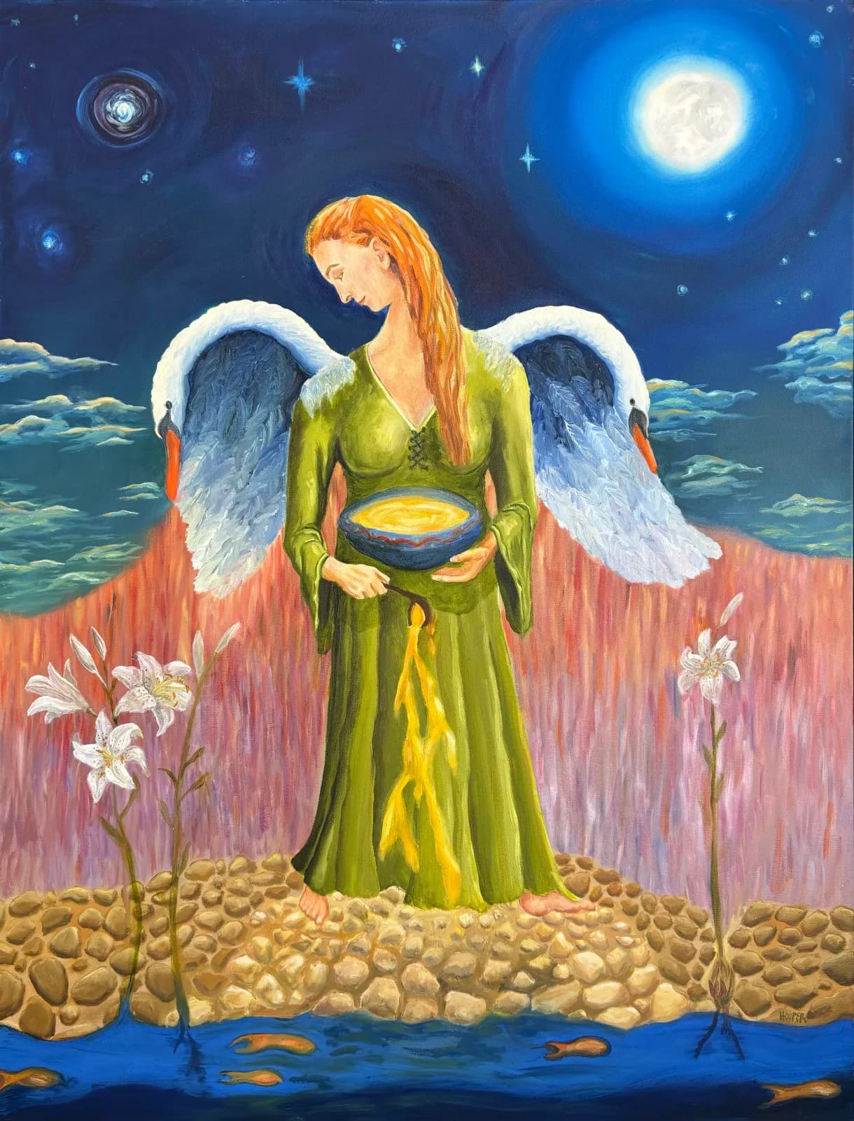 Winged angel figure in green robe holds glowing light beneath a luminous moon in a surreal nocturnal landscape.