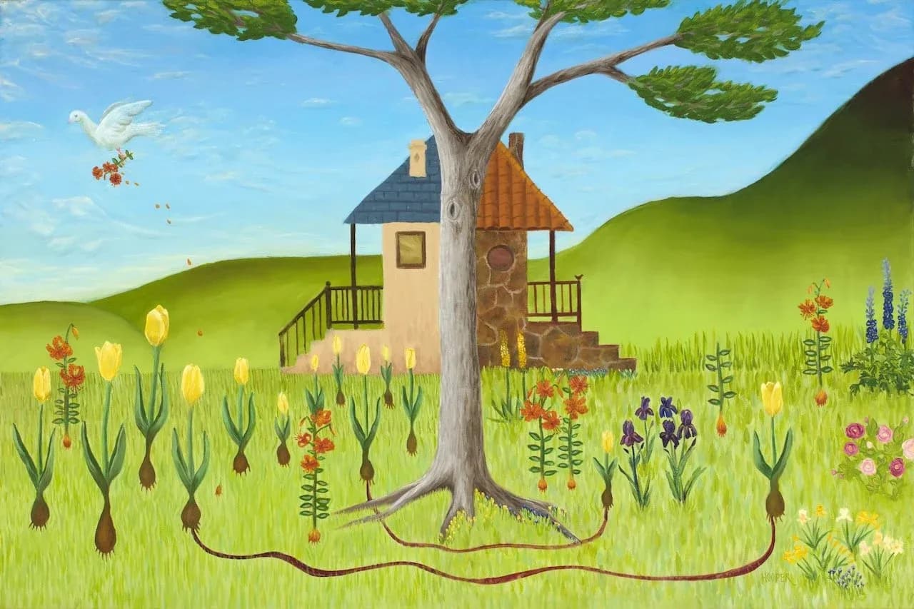 A whimsical treehouse nestled in the trunk of a large tree stands amid a flowering meadow.