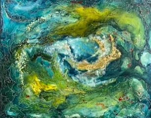 Abstract composition with swirling turquoise, ochre, and green pigments layered in oil paint.