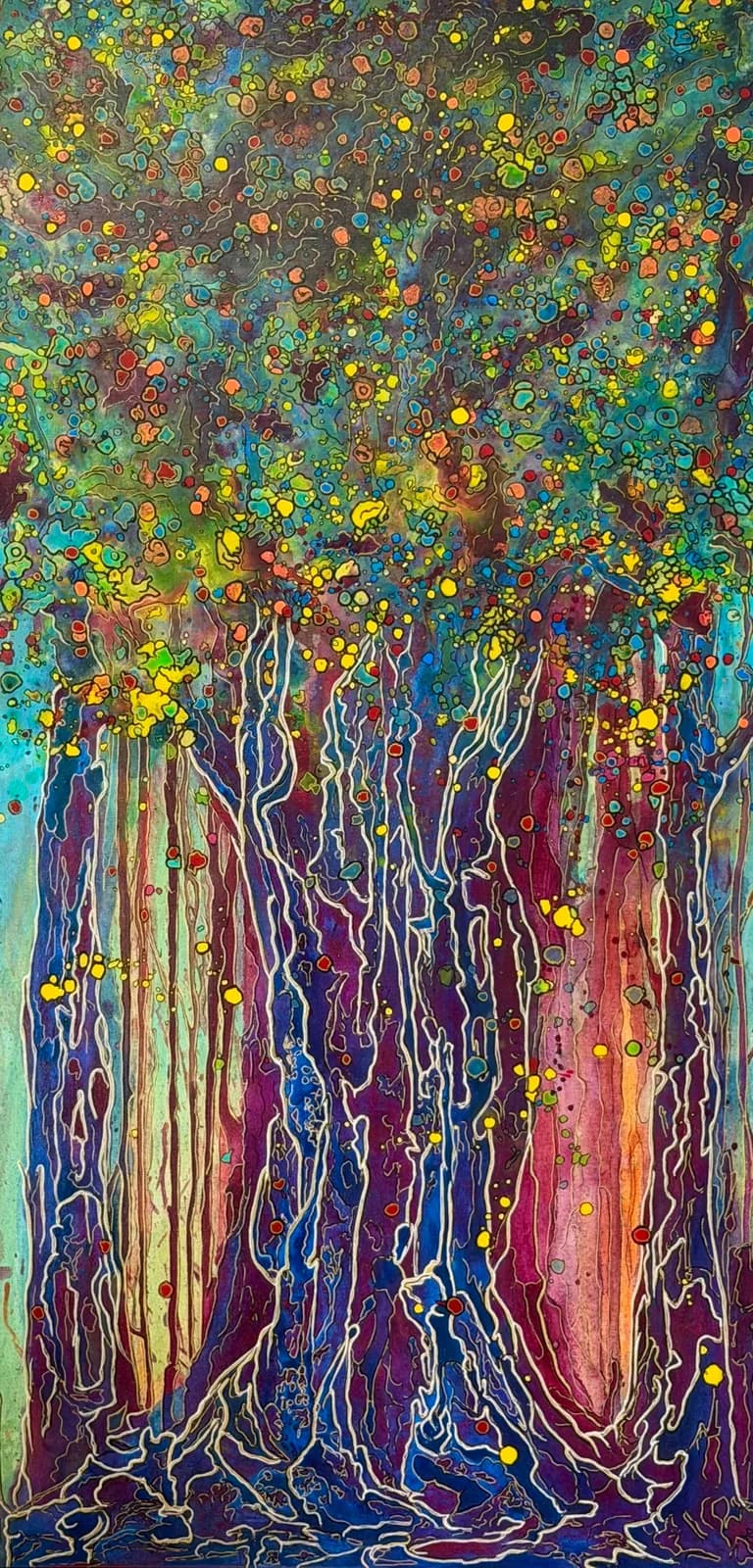 Abstract painting depicting stylized trees with glowing yellow orbs against a richly layered palette of blues, purples, and greens.