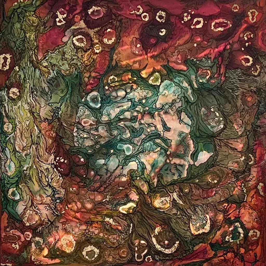 Abstract encaustic composition with layered organic forms in rich reds, greens, and golds.