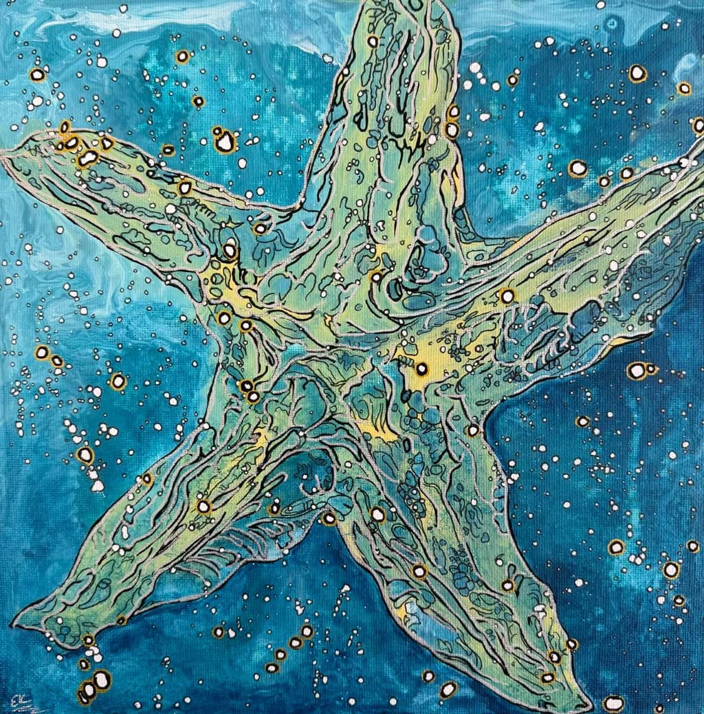 Abstract starfish with dimensional texture and iridescent beads set against a deep blue ocean field.