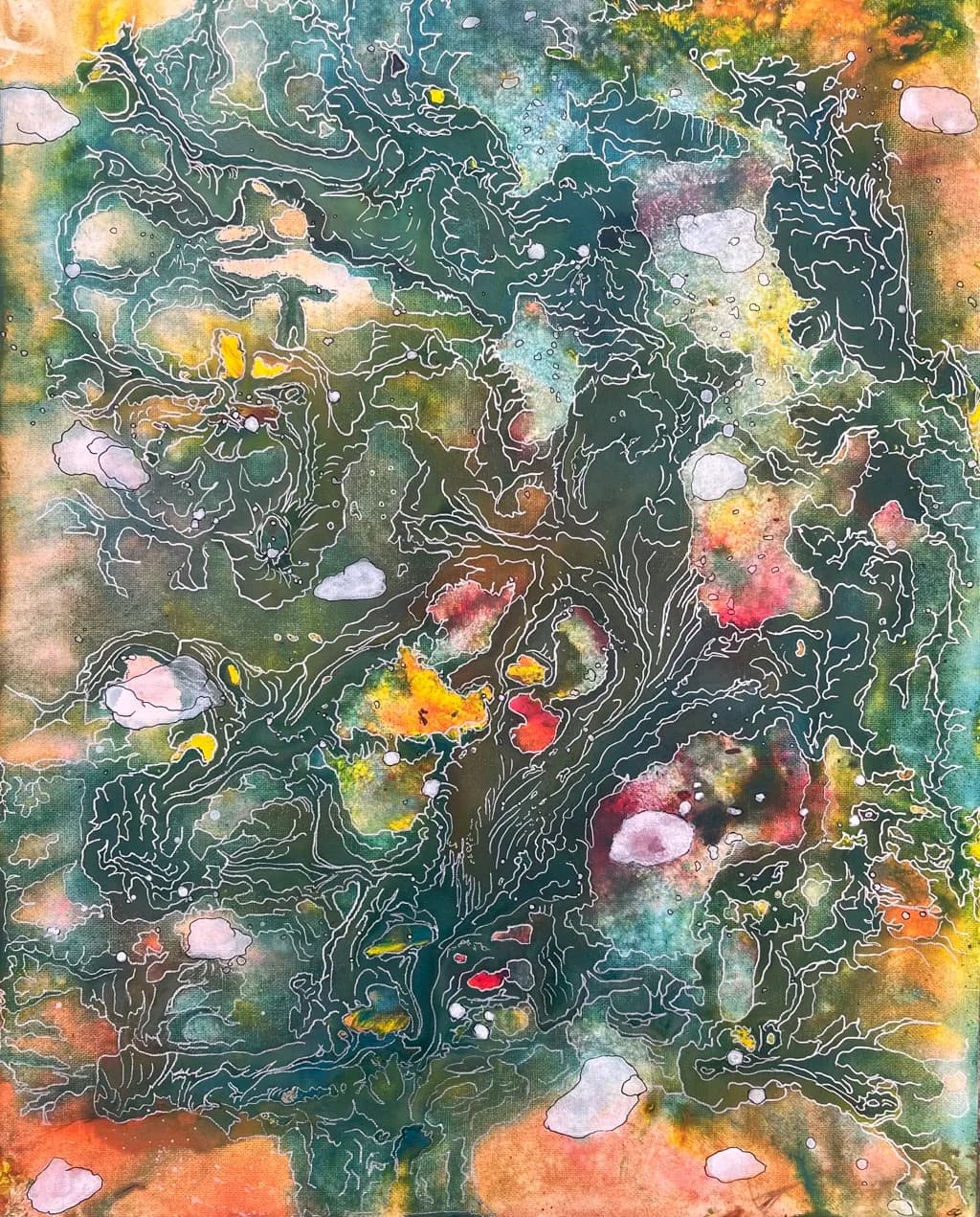 Abstract mixed-media work with layered encaustic, gestural line-work, and organic flowing forms in greens, pinks, and warm tones.