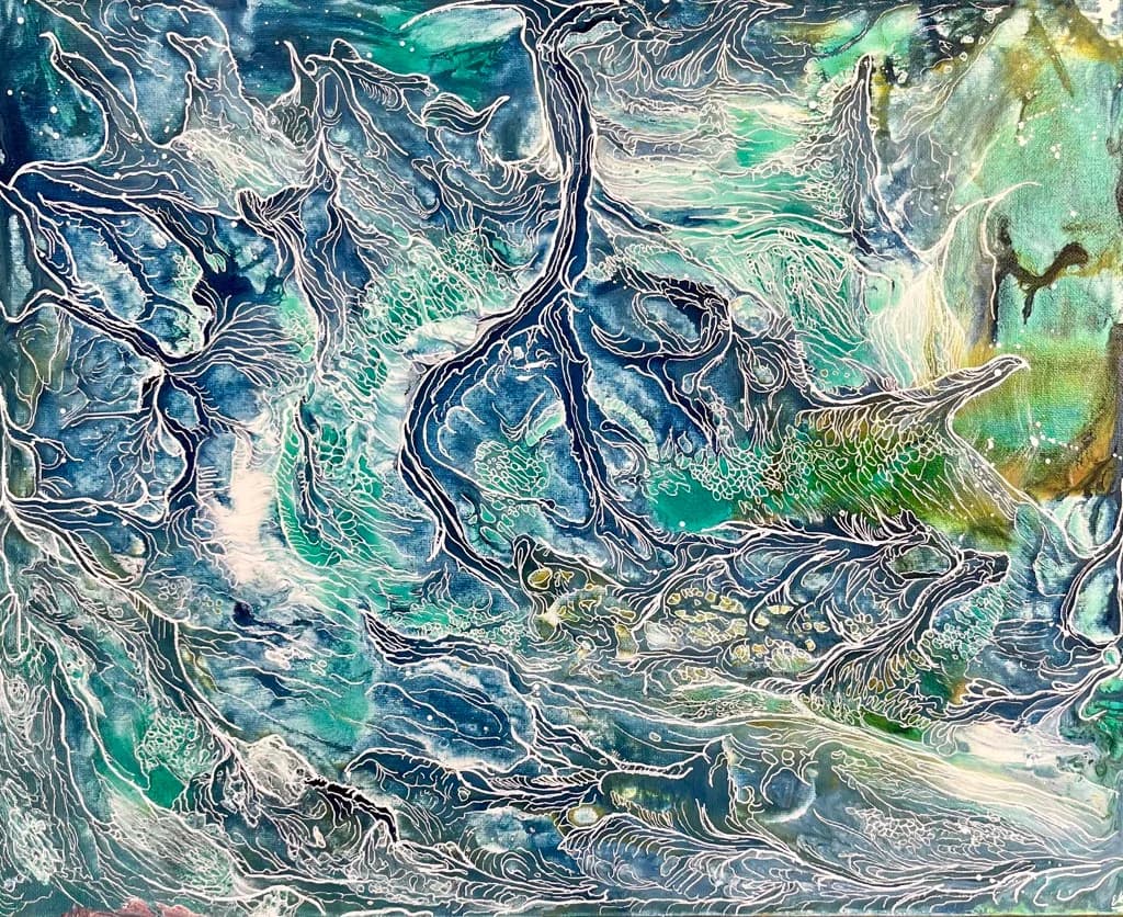 Abstract painting with swirling blue-green and pewter fluid forms creating organic, layered movement across the canvas.
