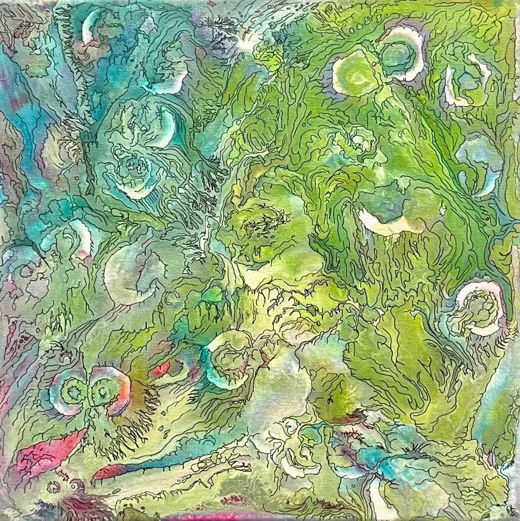 Topographic abstraction in watercolor and ink with organic curving contours and vibrant greens.