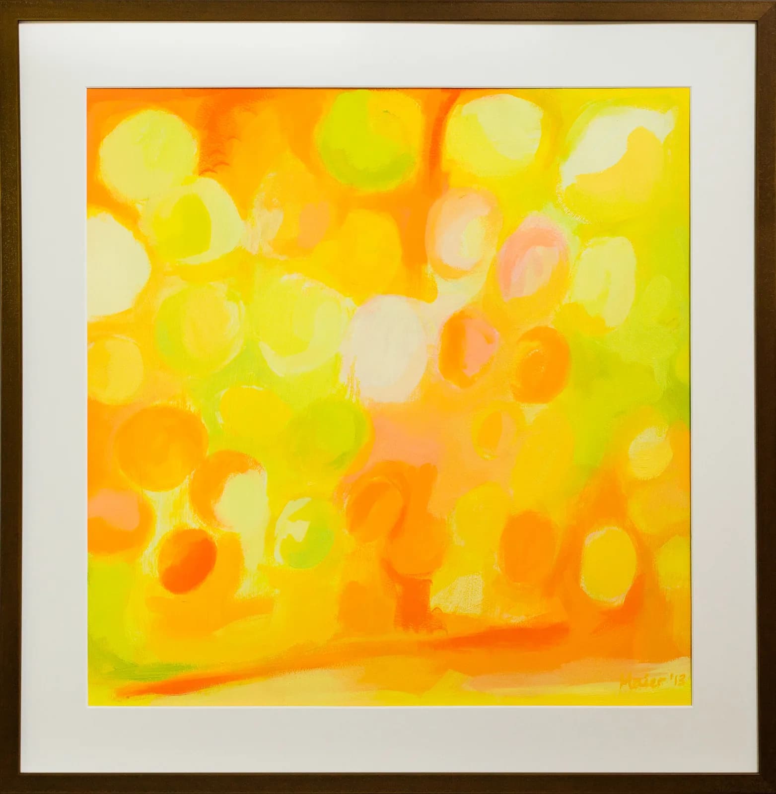 Non-representational acrylic painting of overlapping bokeh circles in vibrant yellows, oranges, and lime green.
