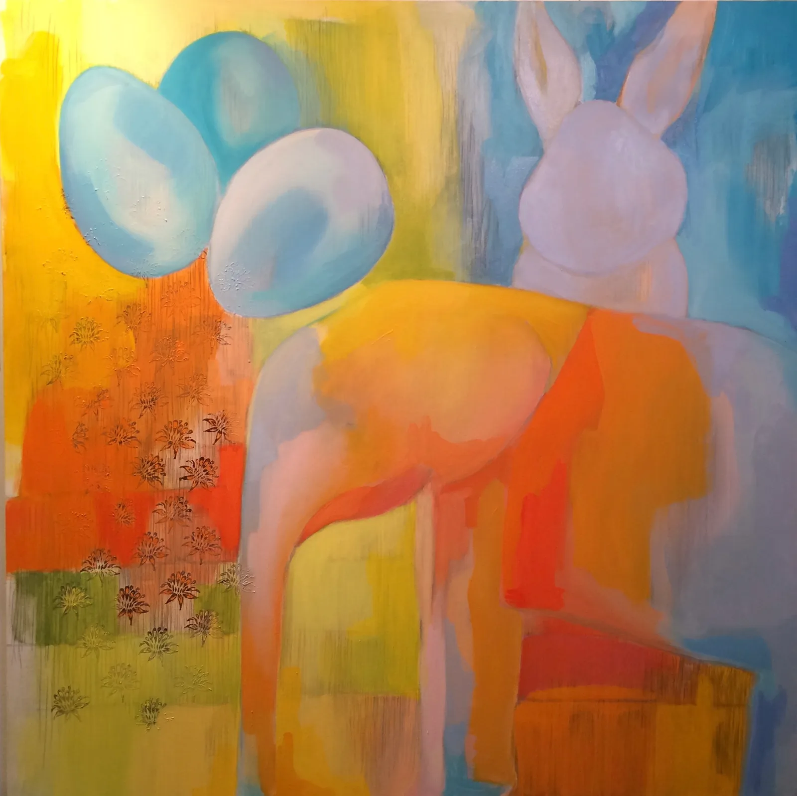 Abstract painting with translucent geometric and organic forms in bold yellows, oranges, blues, and pinks.