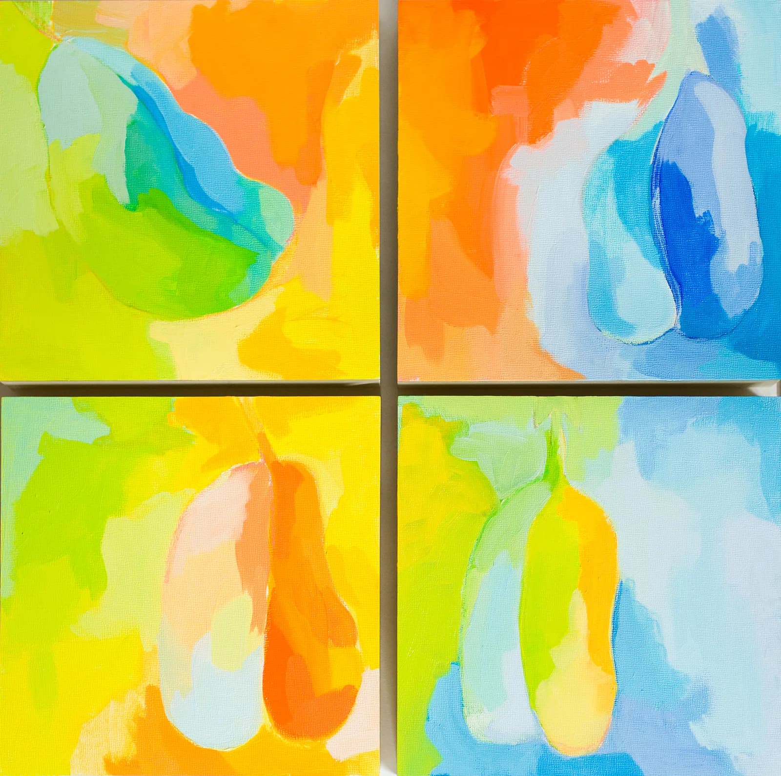 Four-panel abstract acrylic work in bright yellow, green, orange, and blue with soft, gestural forms.