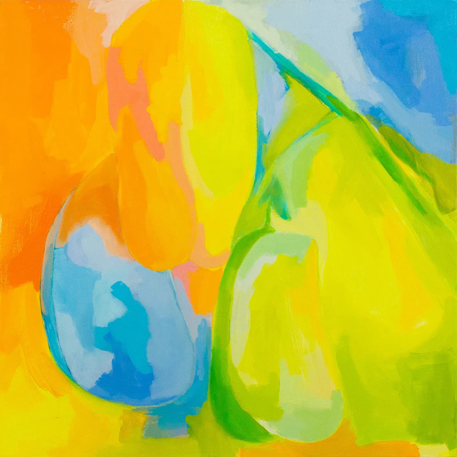 Abstract composition with overlapping organic forms in vibrant orange, yellow, green, and blue.