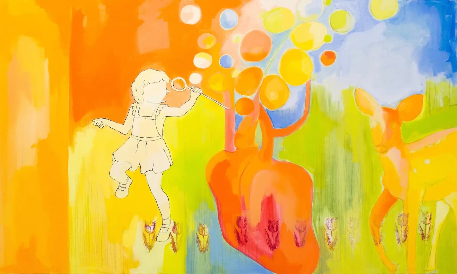 A child blows bubbles in a vibrant, warm-toned landscape with stylized flowers and floating orbs in acrylic.