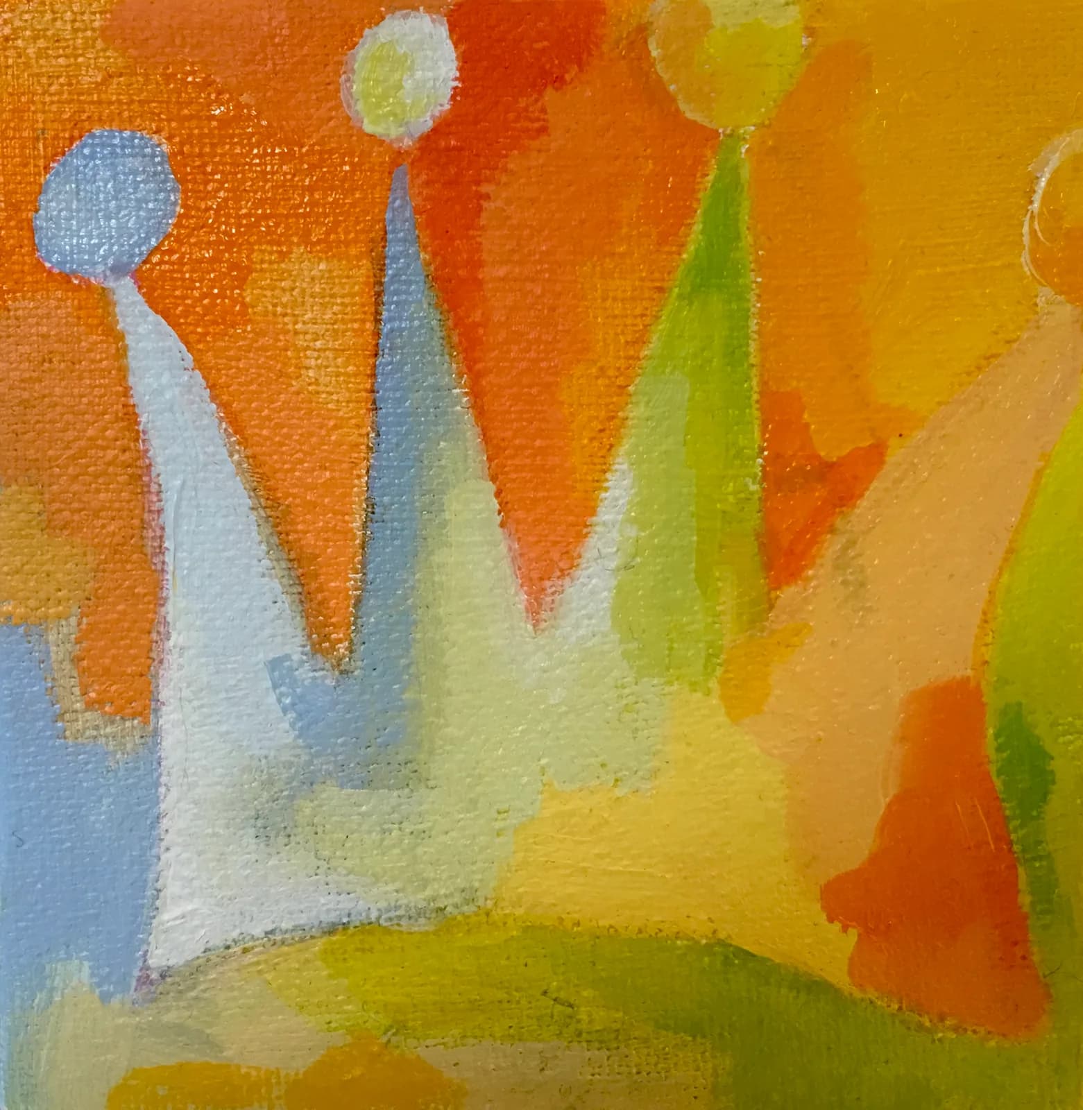 Abstract acrylic painting featuring a stylized crown form rendered in geometric shapes and vibrant orange, yellow, and blue tones.