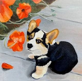 A black-and-white corgi sits among vibrant orange flowers on white wooden planks in acrylic painting.