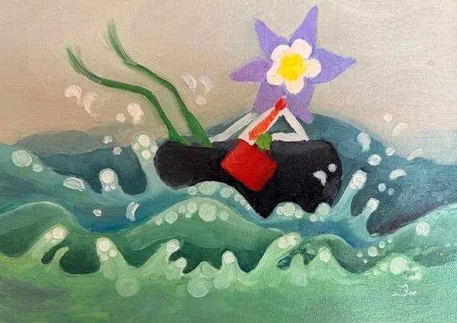 Whimsical underwater scene with a black whale, purple flower, and green seaweed in acrylic.
