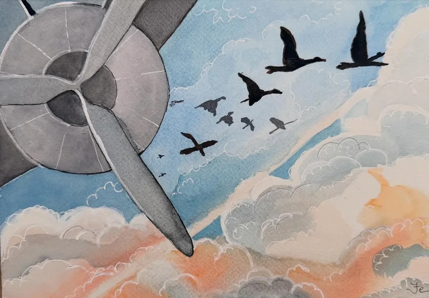 Aircraft and birds fly in formation through layered clouds in this acrylic painting.