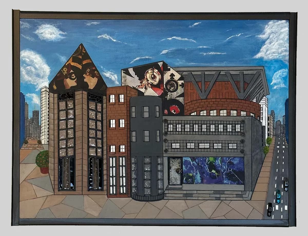 An urban streetscape with stylized buildings and collaged architectural elements against a blue sky.