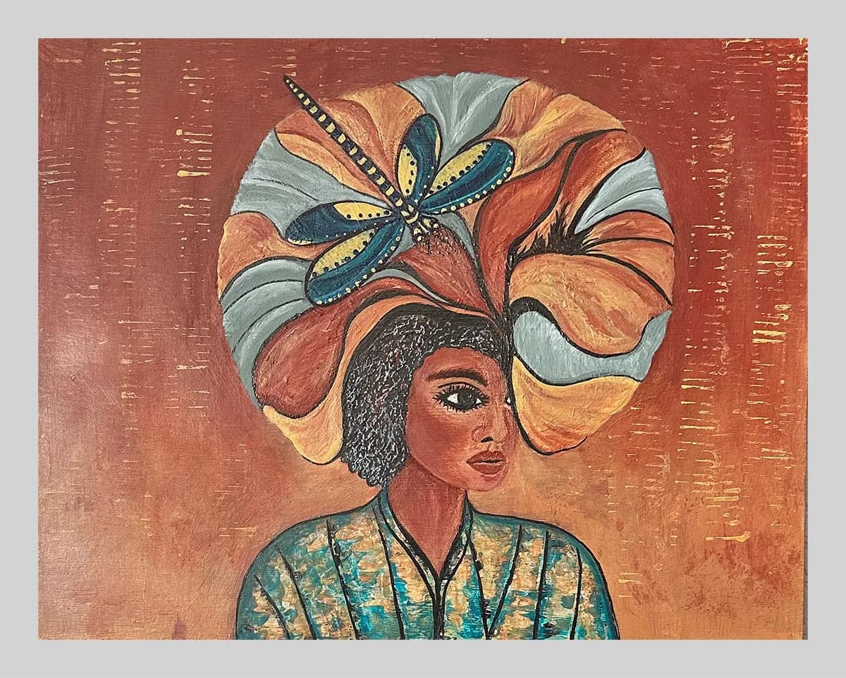 Portrait of a figure with an elaborate floral crown and dragonfly, painted in warm earth tones and acrylic.