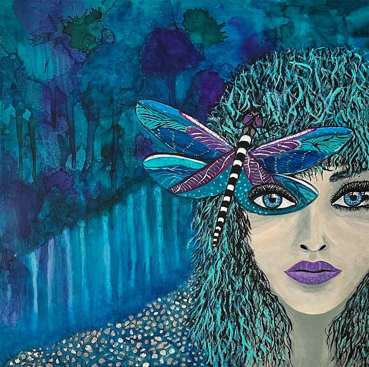 A surrealist acrylic portrait of a woman with a turquoise dragonfly and nature-inspired elements.