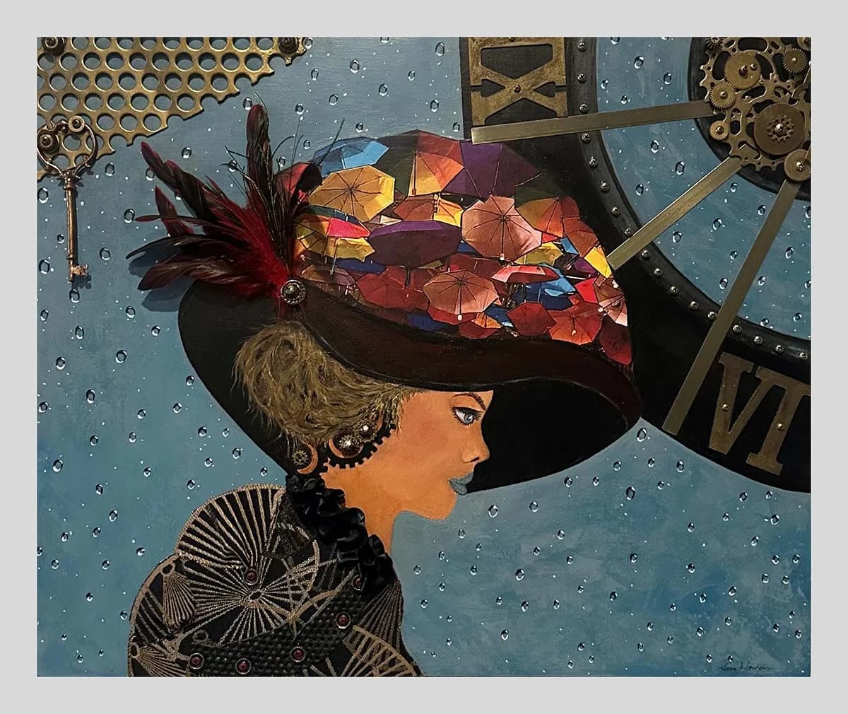 Stylized portrait of a woman in profile wearing an elaborate hat adorned with miniature umbrellas and mechanical elements.