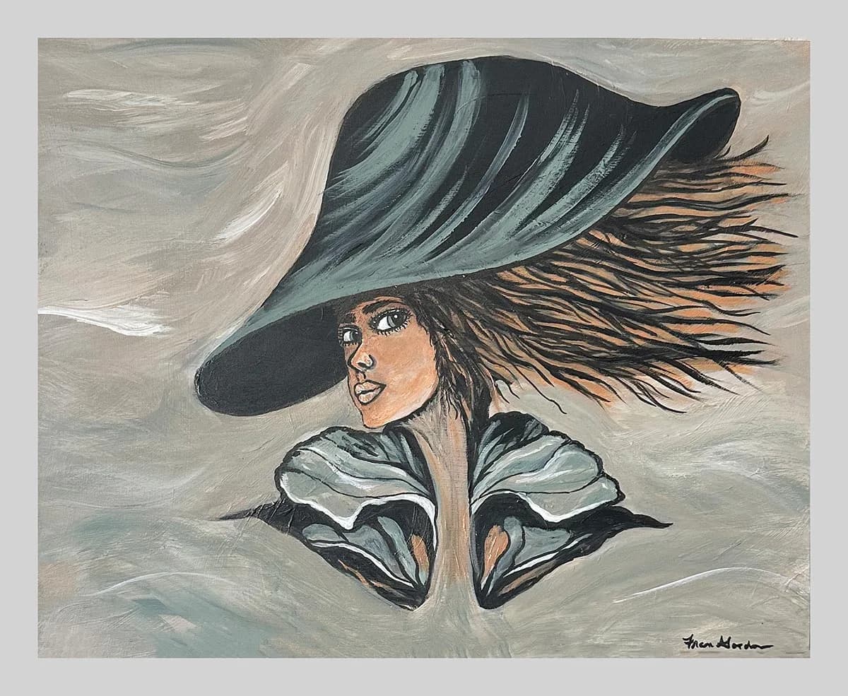 A woman in a dramatic oversized hat with flowing feathers, rendered in ink and watercolor.