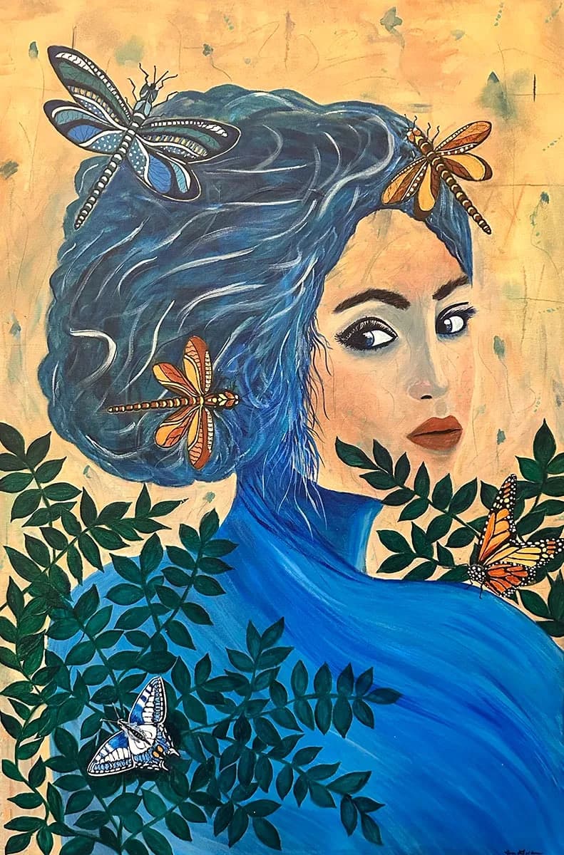 Portrait of a woman with blue hair adorned with dragonflies, surrounded by botanical elements in acrylic.