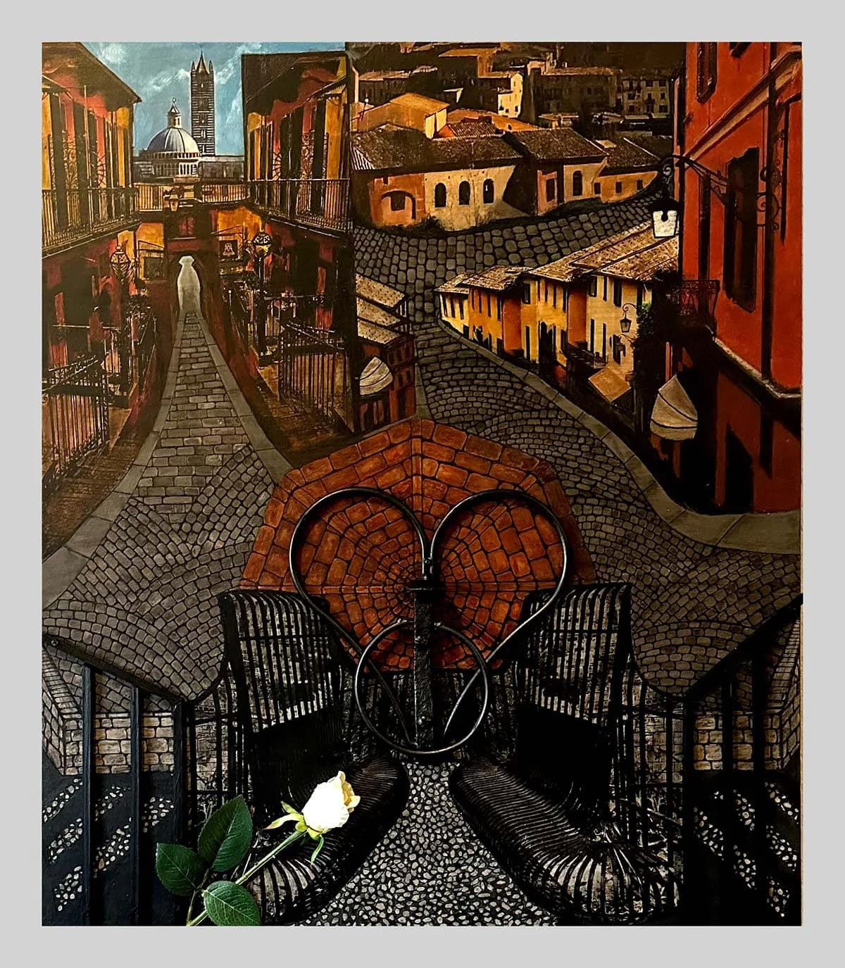 A surreal multi-layered composition collages Mediterranean architecture with an ornate heart, balconies, and a single white flower.