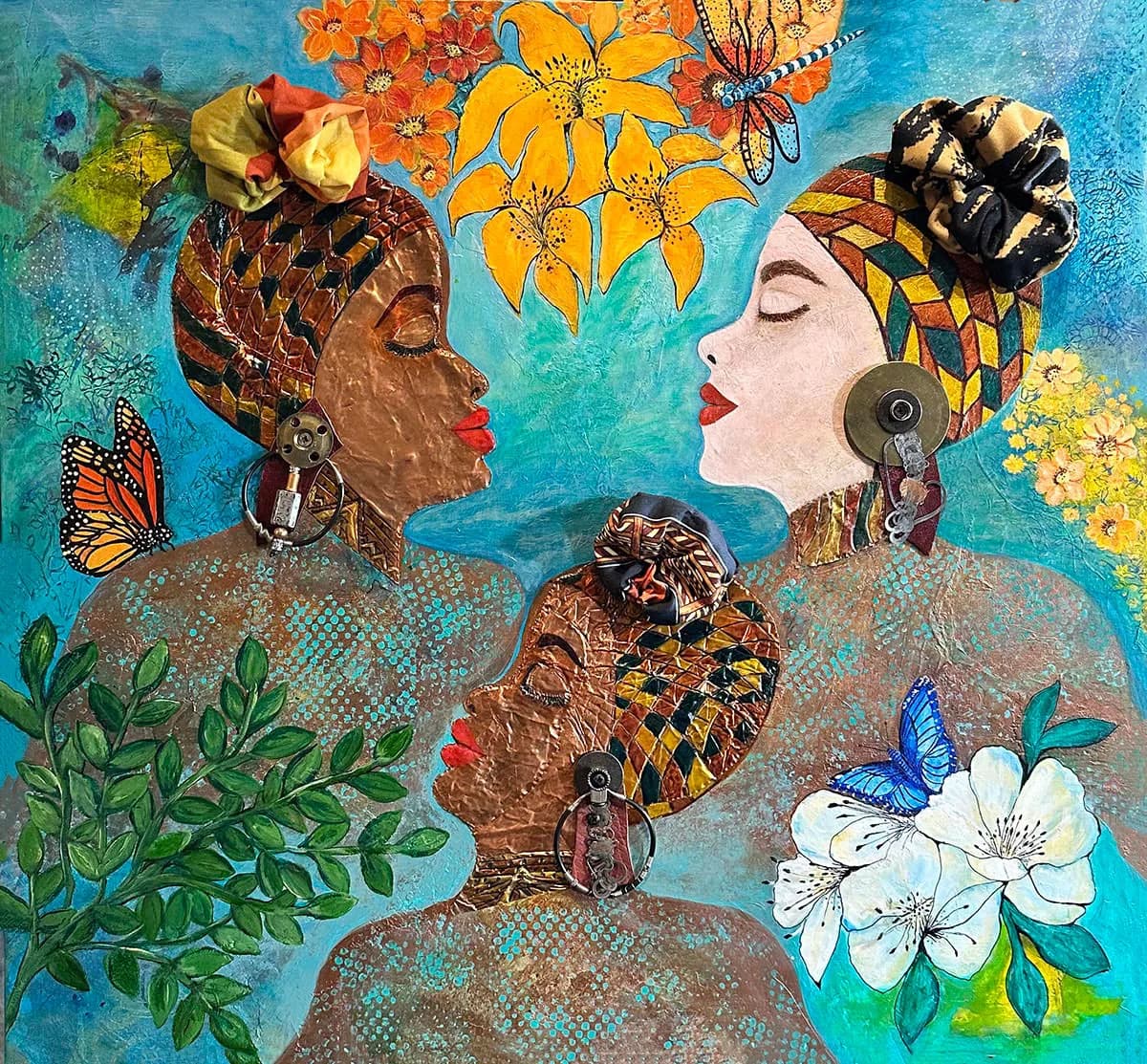 Three stylized figures adorned with flowers and butterflies in a surreal mixed-media composition on turquoise.