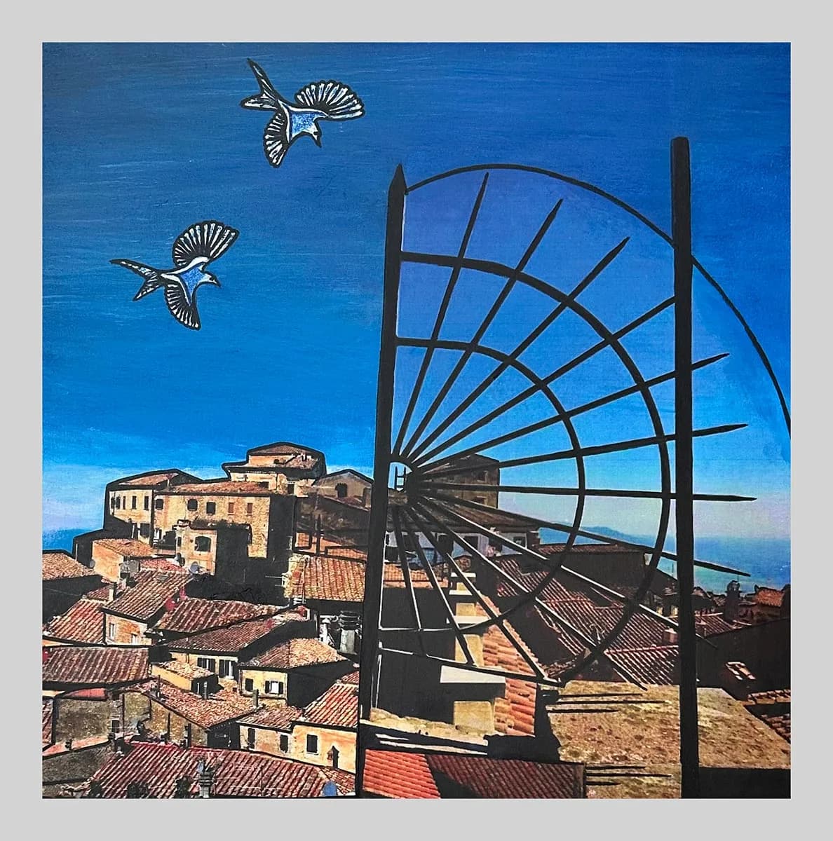 A coastal village scene with a geometric windmill silhouette, terracotta rooflines, and birds in blue sky.