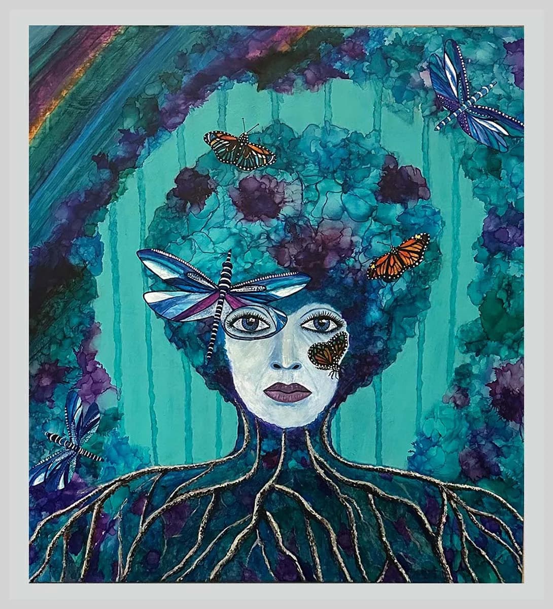 Surrealist portrait of a figure with butterflies, floral hair, and root-like neck in turquoise and purple tones.