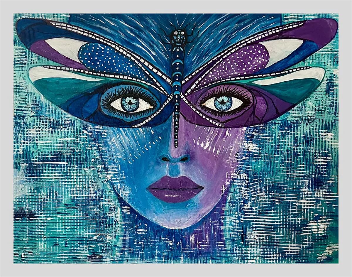 Figurative portrait with butterfly-mask motif in turquoise, purple, and blue acrylic paint.